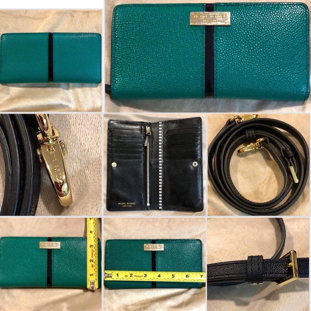 HENRI BENDEL Teal Caviar Carlyle Leather Tote Shoulder Bag Wallet & Strap SET